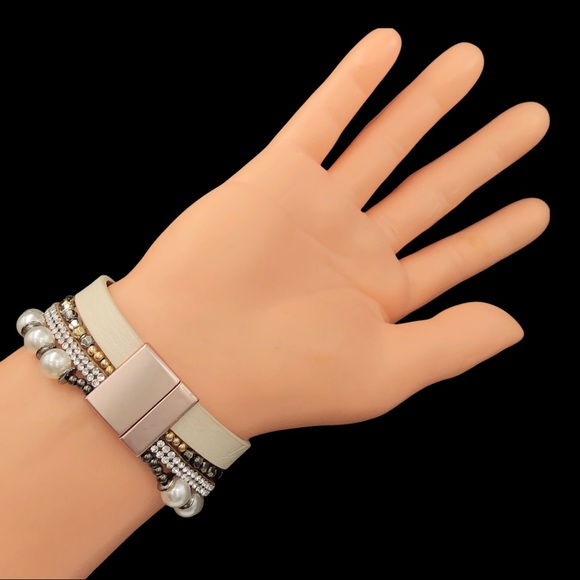 Thank God 4 Row Ivory Vegan Leather & Beaded Magnetic Clap Layered Bracelet - Picture 3 of 3